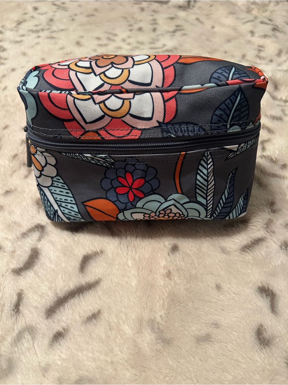 Vera Bradley Gray Floral Cosmetic Case with Coral, Blue & Orange Accents